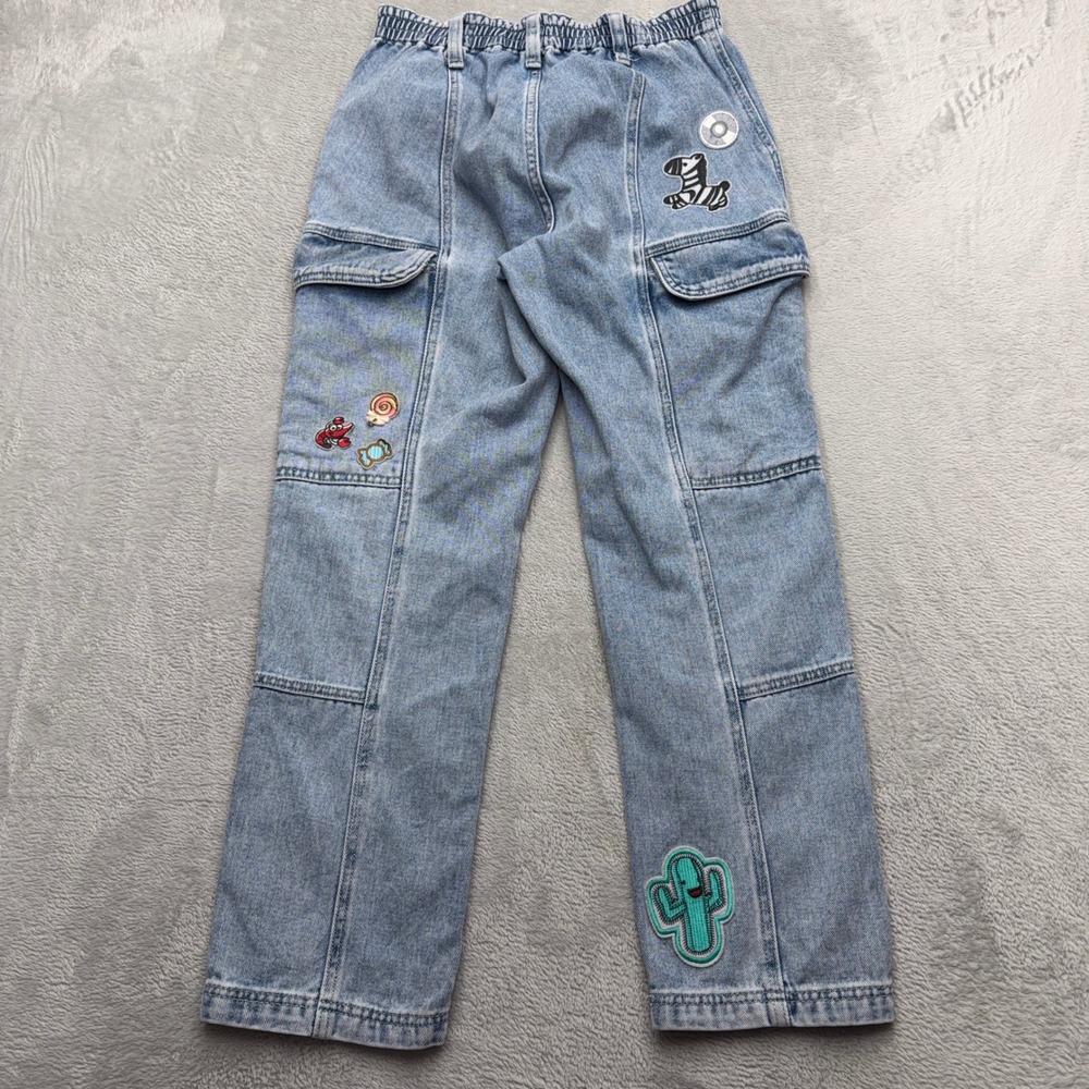 PacSun Cargo Jeans Womens M Blue Light Wash Embroidered Patch Straight Leg Denim - Picture 6 of 9